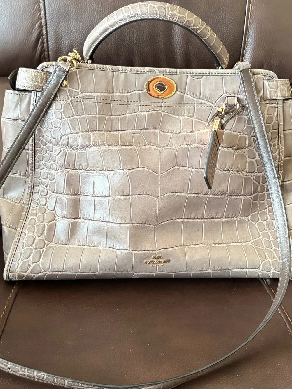 Gray Coach Gramercy Croc-Embossed Leather Tote with Gold Hardware